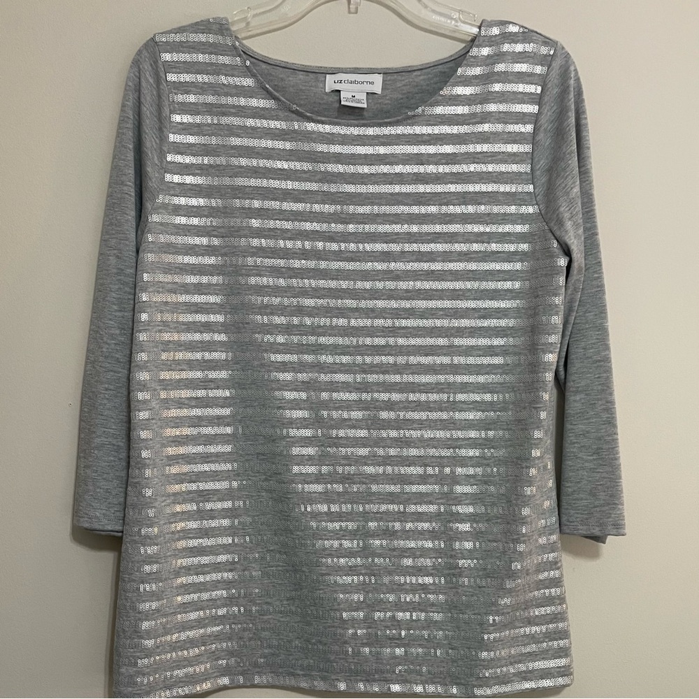Liz Claiborne Gray‎ and Silver Striped Women's Top Size M